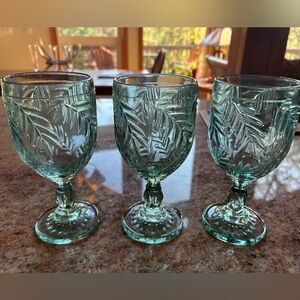 Fitz & Floyd (3) Bali Leaf Green Glass Water  Goblets. Heavier weight 12 oz.